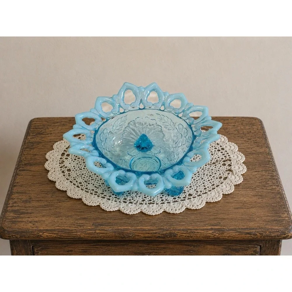 Northwood Blue Opalescent Bowl Dish Shell & Flower  *3 Sides Up* 1900's